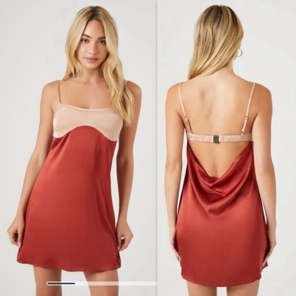 Brick And Faded Pink Satin Color Block Mini Dress Forever 21 Size S - Picture 1 of 8